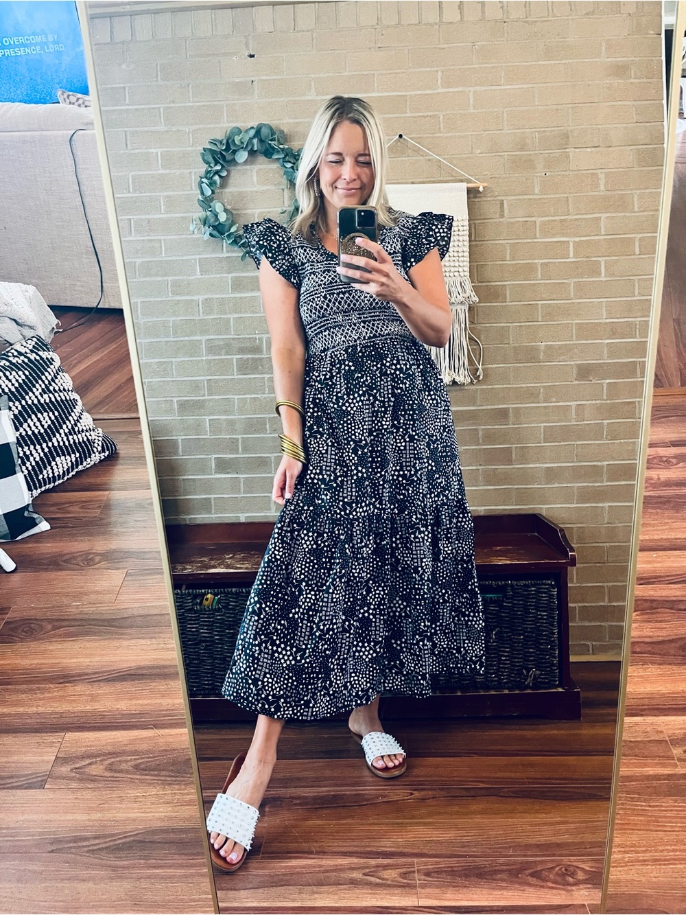 Sugarlips Black and White Printed Midi Dress with Ruffle Sleeves